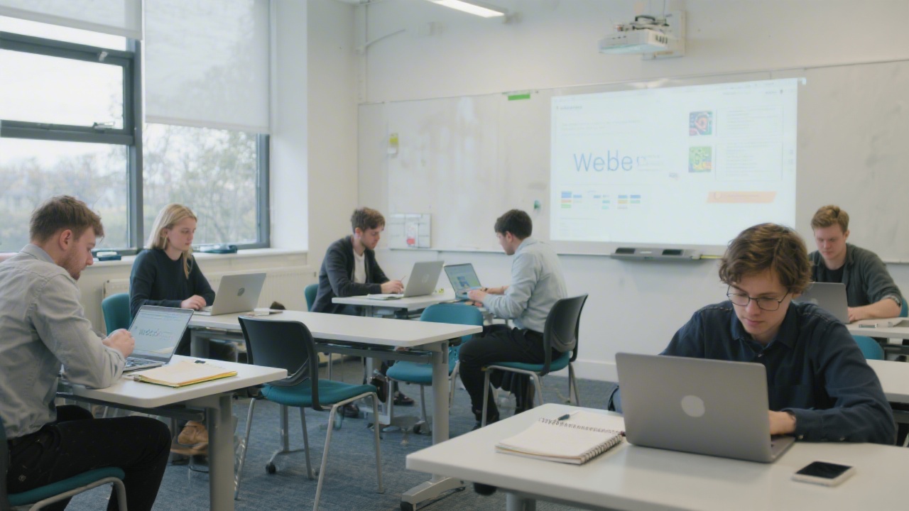Modern classroom in Limerick with people collaborating on web design tasks, notebooks and laptops open, and a calm professional environment.