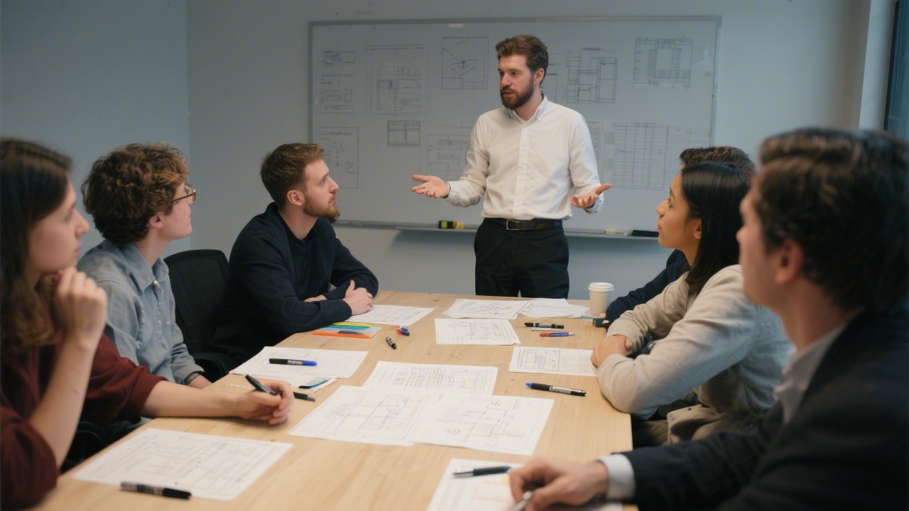 Small group discussion around a table with printed wireframes, pens, and a facilitator guiding a critique session.