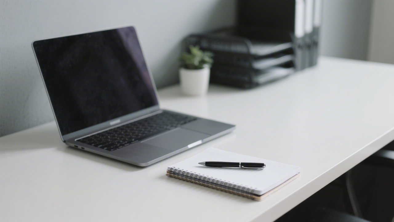 Professional desk setup with a laptop, notepad, and pen ready for contact enquiries and planning discussions.