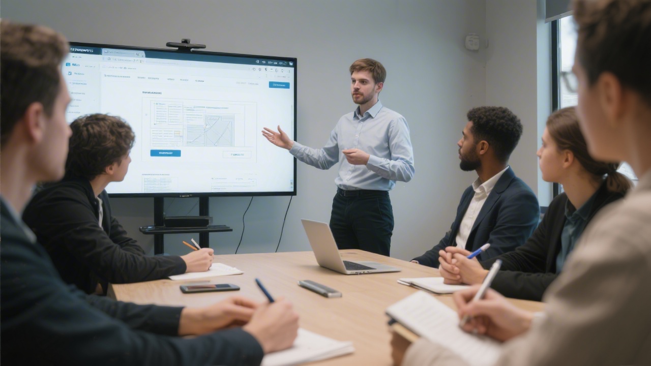 Learner presenting a website prototype to a small group using a large display, with peers taking notes and offering feedback.