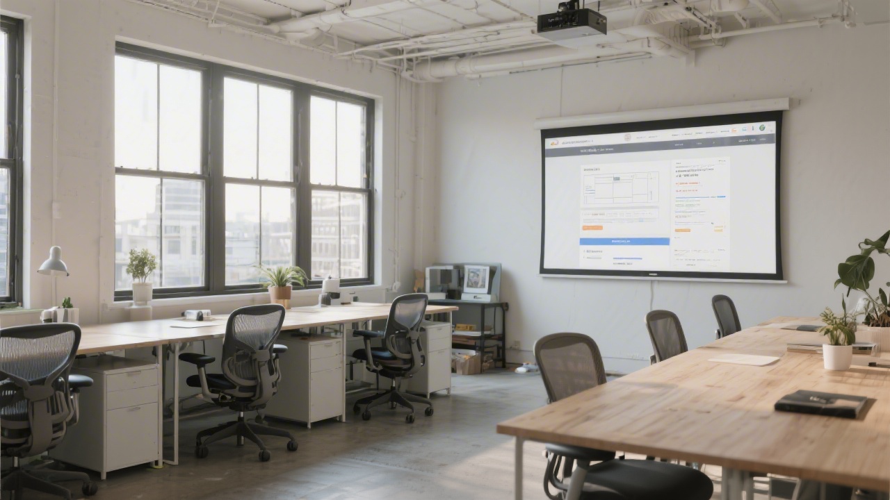 Shared studio space with large desks, ergonomic chairs, natural light from tall windows, and a presentation screen displaying a website layout.