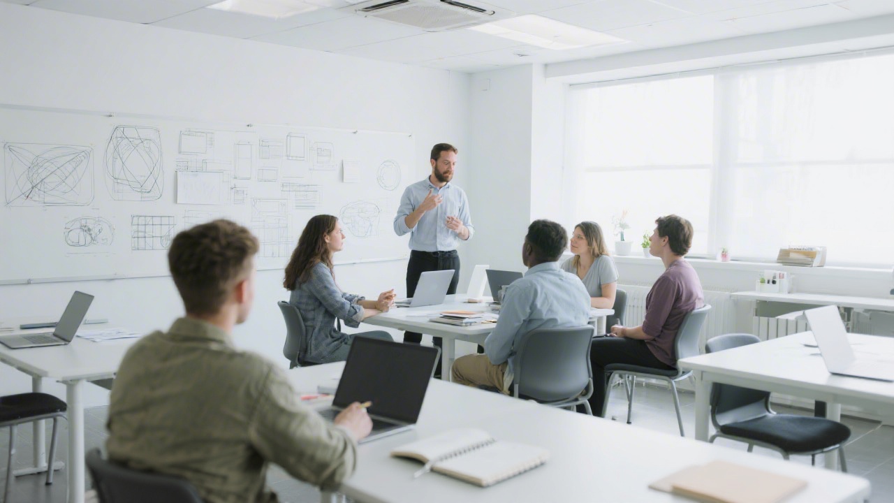 Bright studio classroom with laptops, sketchbooks, wireframes on a wall, and a mentor guiding small group discussions in a calm, modern training space.