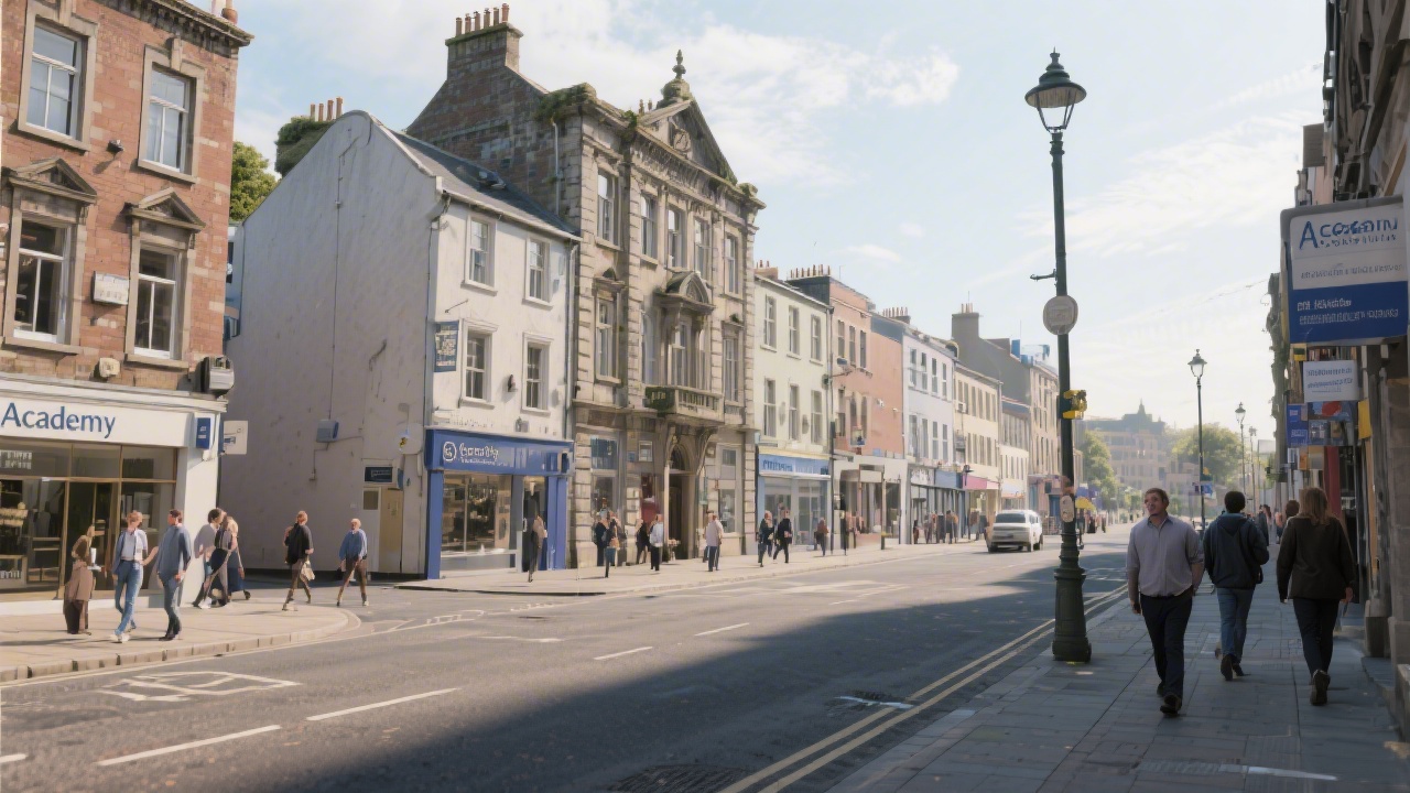 Street view in Limerick with historic buildings, pedestrians, and a calm city atmosphere near the academy location.
