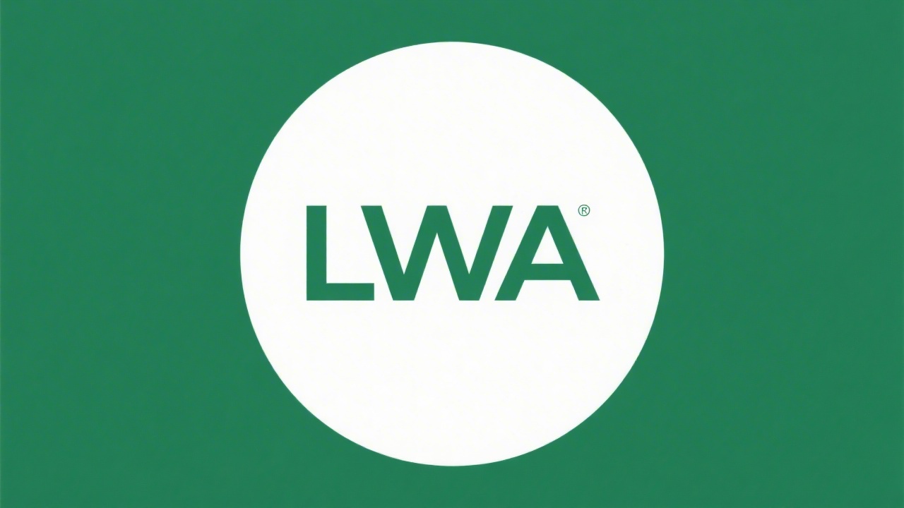 Simple circular emblem with the initials LWA in clean sans-serif, emerald green on white background, minimal lines and no complex shapes.