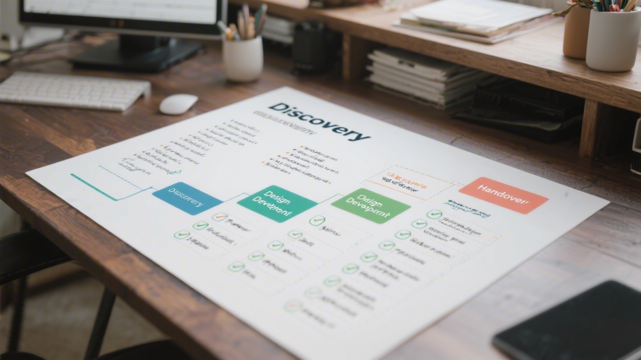 Structured workflow diagram on a desk showing discovery, design, development, and handover stages with checklists and notes.