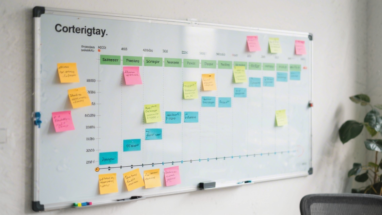 Scheduling board with weekly milestones, sticky notes, and a timeline for project phases, indicating a clear cohort structure.