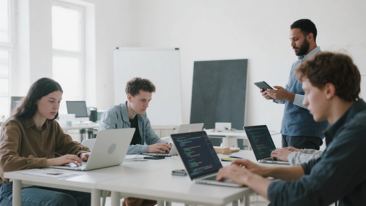 Participants working on laptops with a mentor nearby, focusing on design and code tasks in a bright studio environment.