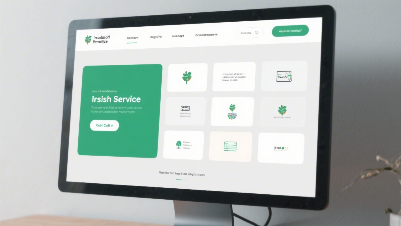 Responsive homepage mockup on a large monitor with a grid of cards, clean navigation, and a bold call to action designed for an Irish service business.