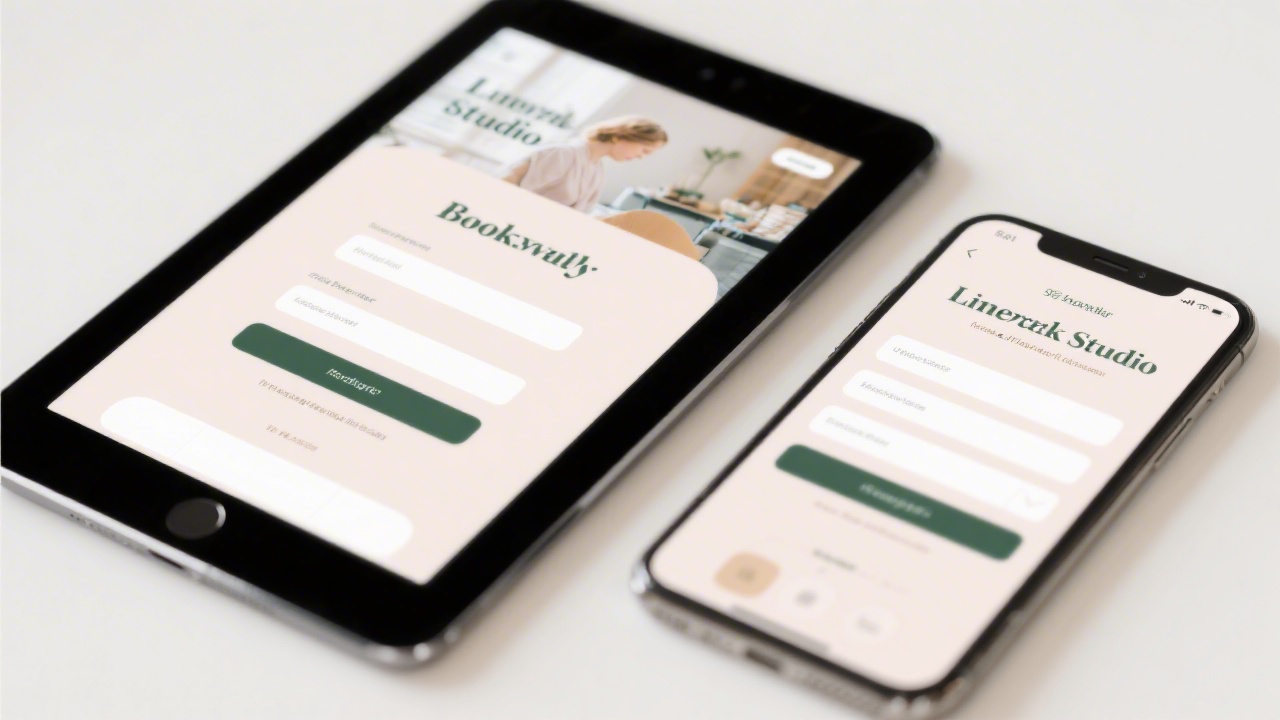 Tablet and phone showing a booking interface with friendly typography, soft imagery, and clear form fields, created for a local Limerick studio.