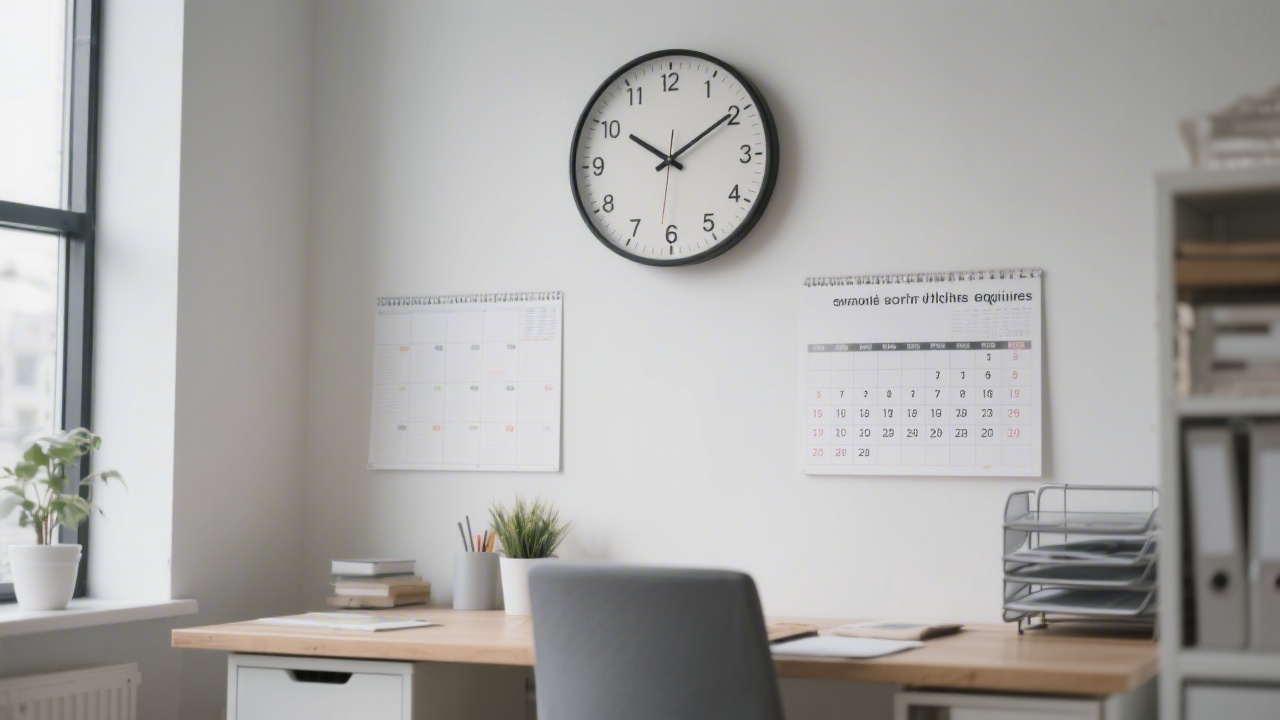 Wall clock and a tidy workspace with a calendar, indicating organised scheduling and available working hours for enquiries.