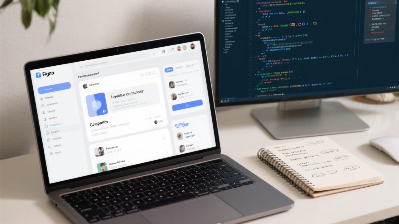 Laptop showing Figma interface, notebook with component notes, and a second screen with code editor displaying HTML and CSS structure.