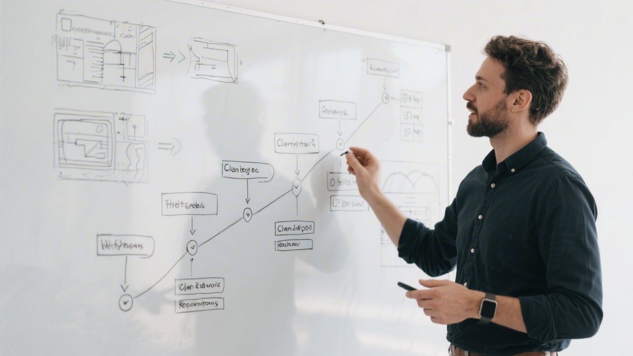 Mentor explaining a project roadmap on a whiteboard with wireframes, user flows, and client requirements mapped out step by step.